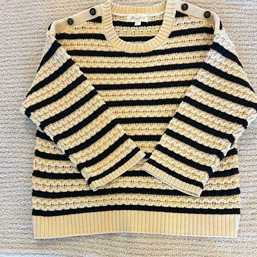 Marled Black and Cream Striped Crew Neck Sweater